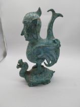 Bronze Chinese statue with sea serpent sitting on dragon head tortoise inlaid with semi precious