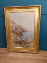 20th C. watercolour Coastal Scene in gilt frame Fred Jucker 1987. {120 cm H x 86 cm W}.