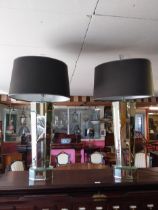 Pair of designer mirrored table lamps with cloth shades {91 cm H x 50 cm Dia.}.