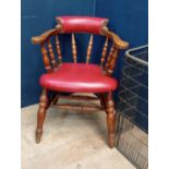 Oak smokers bow armchair with leather upholstered seat {H 77cm x W 61cm x D 50cm }.