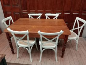 Fruitwood table with single drawer and six bentwood cross back chairs {Table H 75cm x W 153cm x D
