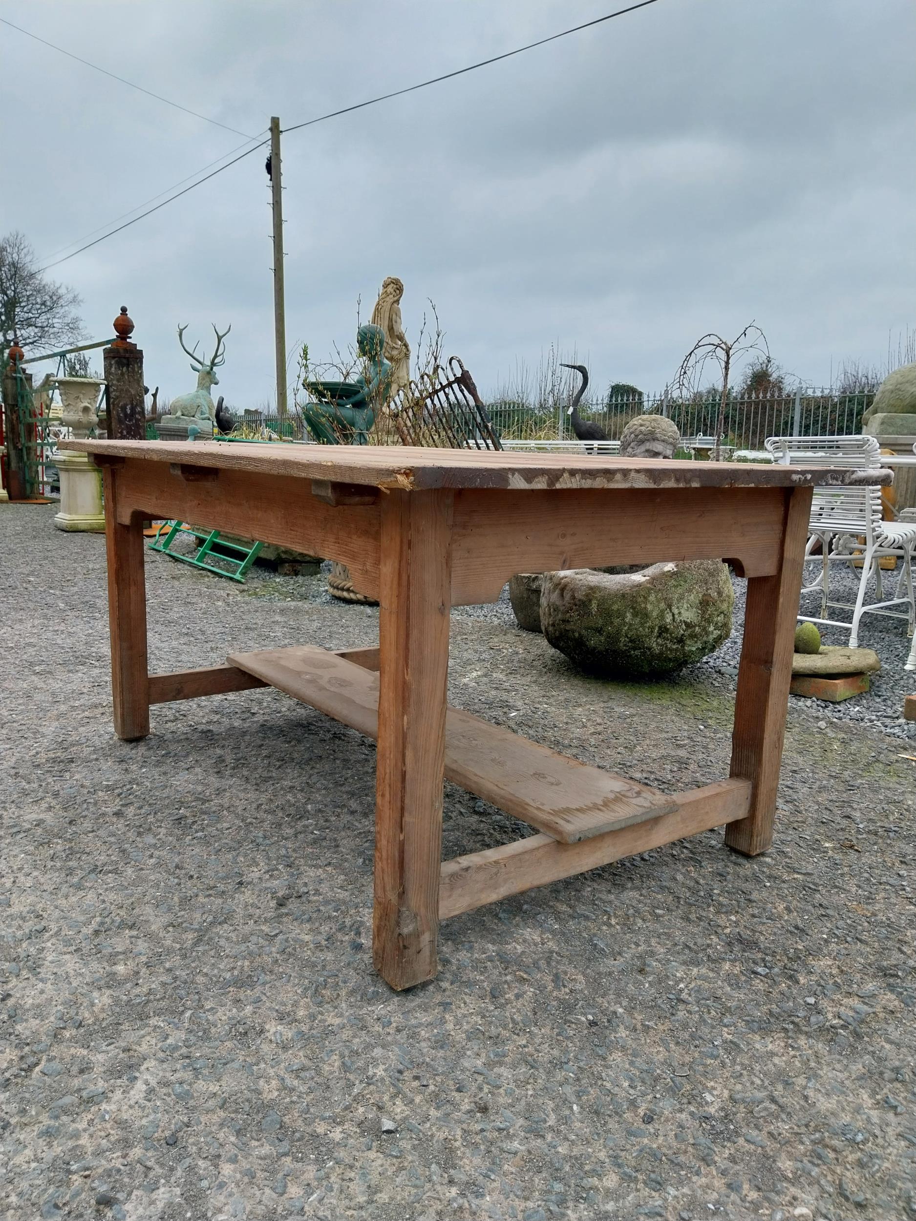 Early 20th C. pine kitchen table on square legs and single stretcher. {74 cm H x 153 cm W x 101 cm - Image 4 of 6