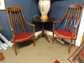 Pair of Edwardian mahogany and satinwood armchairs with upholstered seats {180 cm H x 50 cm W x 45