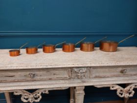Set of six good quality copper saucepans with brass handles {Largest 17 cm H x 35 cm W x 18 cm D and