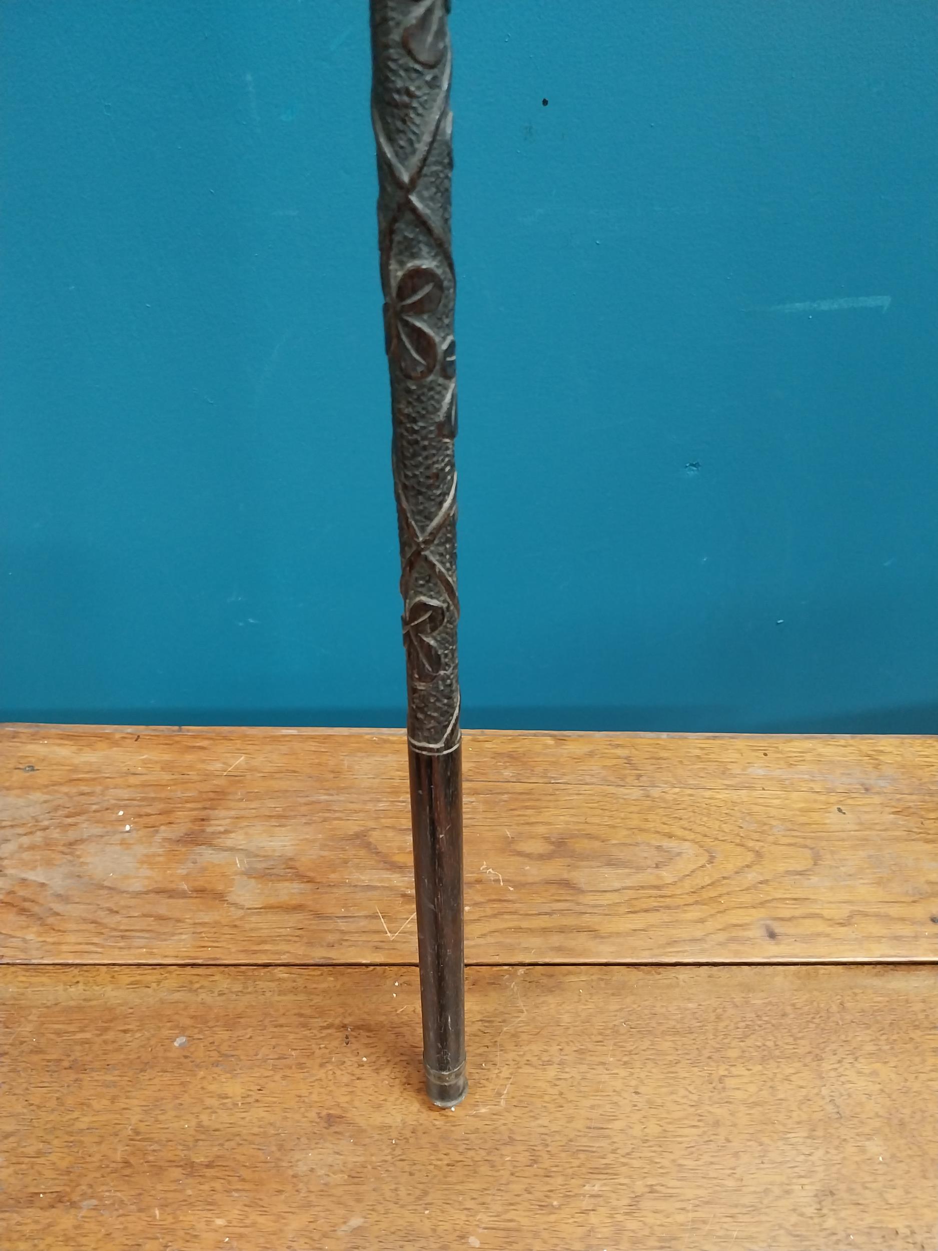 19th C. bog oak walking stick decorated with shamrocks. {94 cm H x 12 cm W} - Image 4 of 5