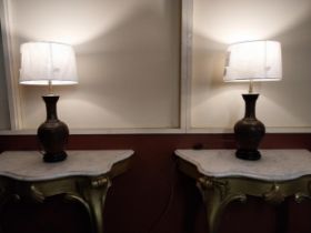 Pair of bronze table lamps with cloth shades {63 cm H x 30 cm Dia.}.