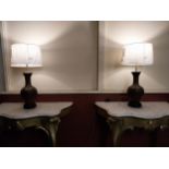 Pair of bronze table lamps with cloth shades {63 cm H x 30 cm Dia.}.