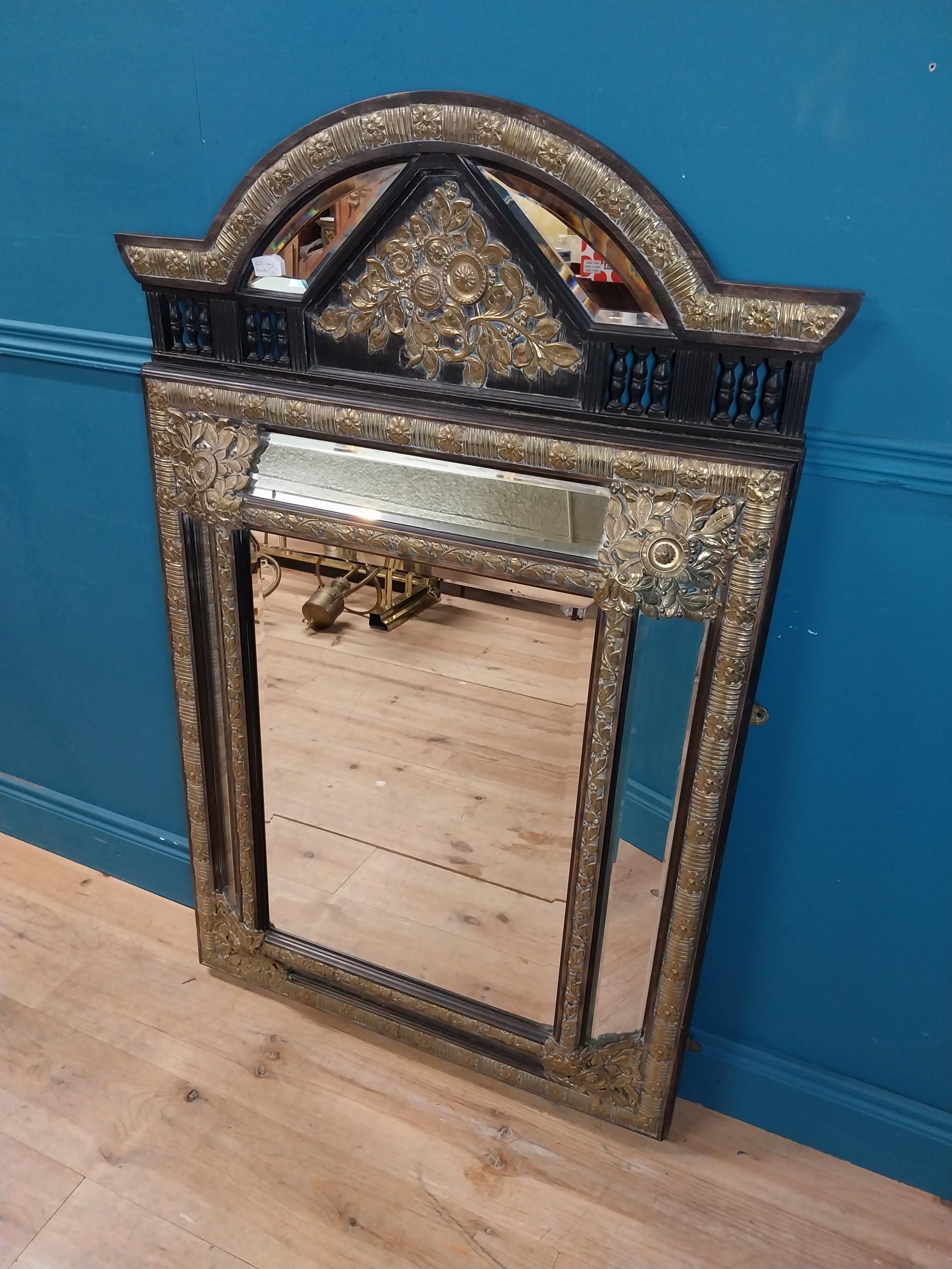 19th C. French brass and ebonised cushion mirror with floral decoration. {131 cm H x 86 cm W}. - Image 2 of 8