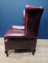 Deep buttoned leather wingback chair raised on Queen Ann legs {H 108cm x W 96cm x D 86cm }.