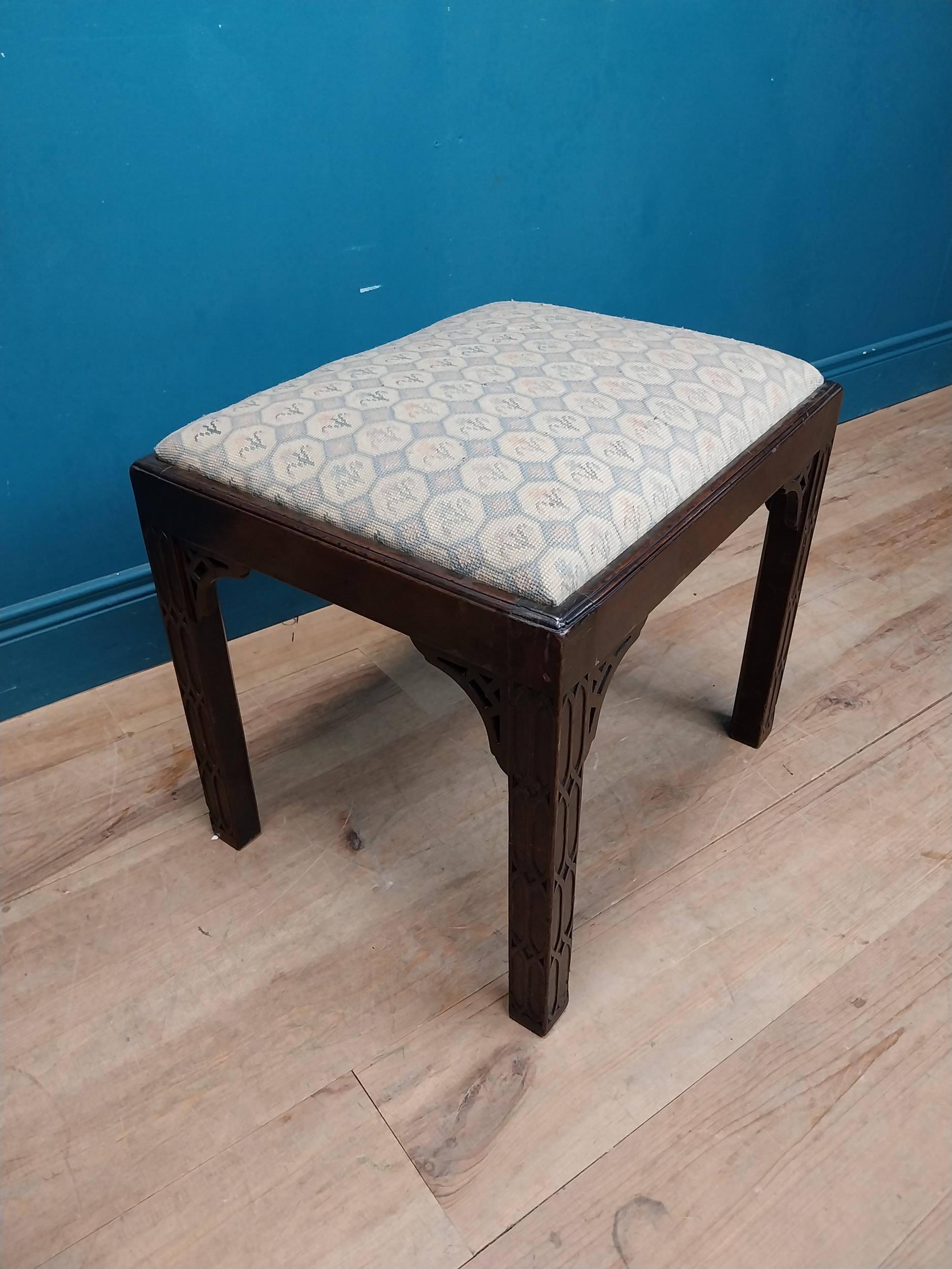 19th C. mahogany and upholstered stool in the Chippendale style. {46 cm H x 54 cm W x 43 cm D}. - Image 3 of 7