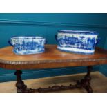 Two ceramic blue and white foot baths {22 cm H x 48 cm W x 30 cm D and 14 cm H x 36 cm W x 22 cm