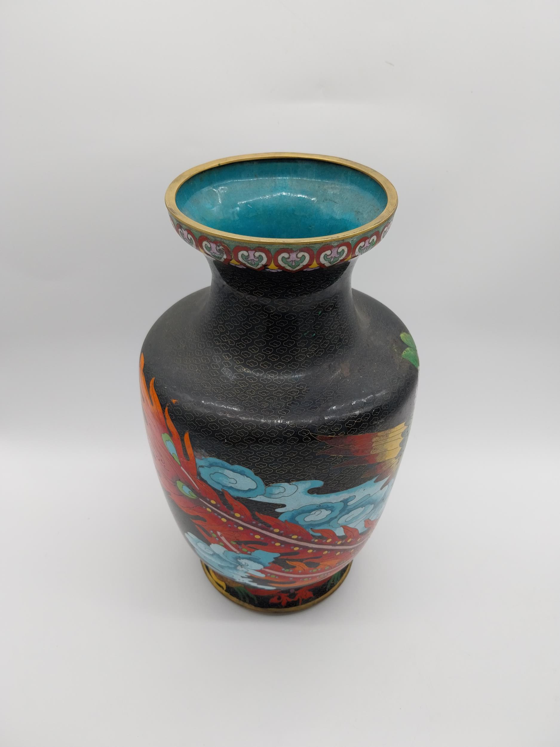 Decorative cloisonne vase decorated with cockerels. {39 cm H x 22 cm Dia.}. - Image 3 of 9