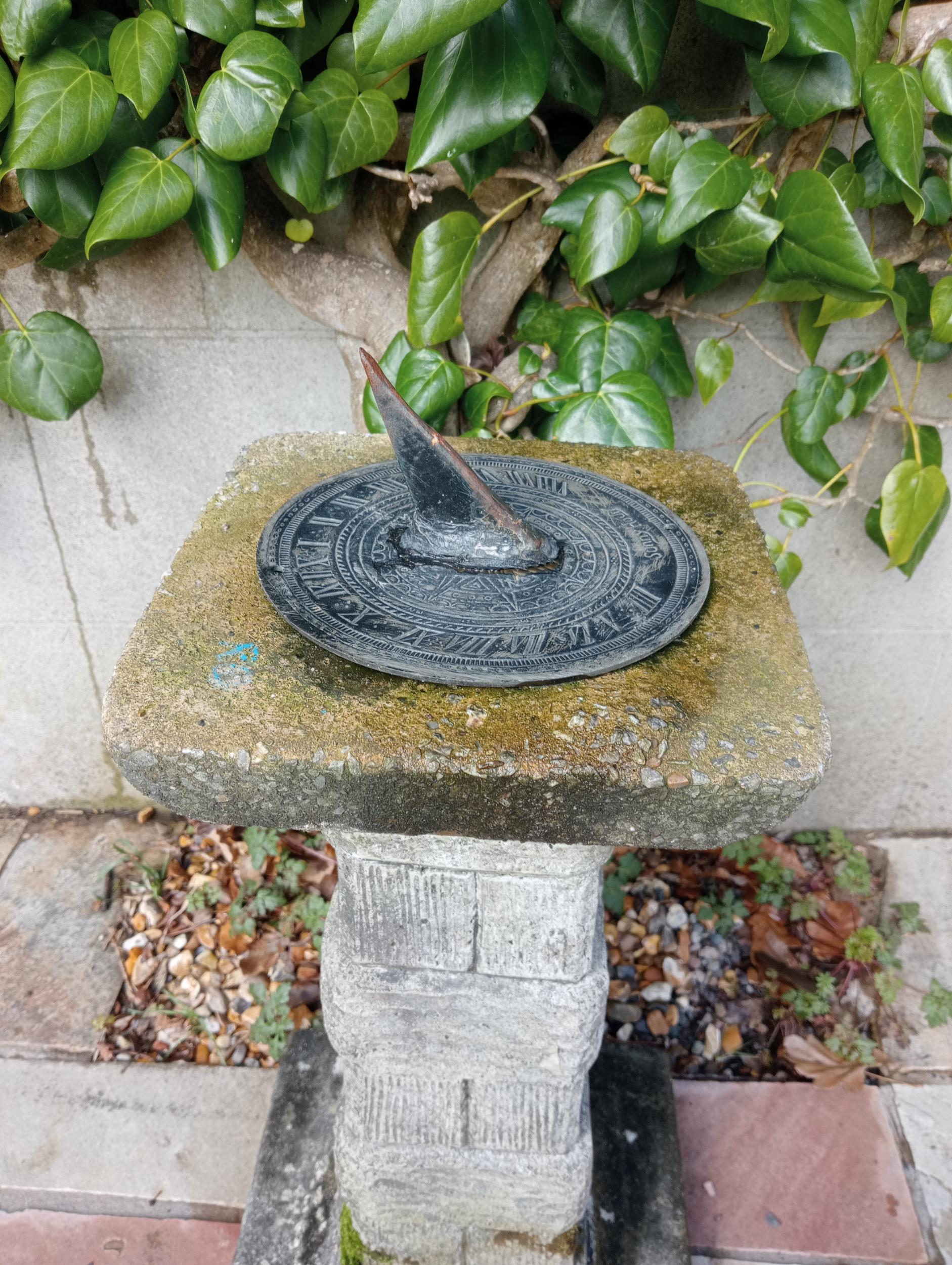 Sundial on composition stone pedestal {H 80cm x 35 x 35 }. - Image 2 of 3