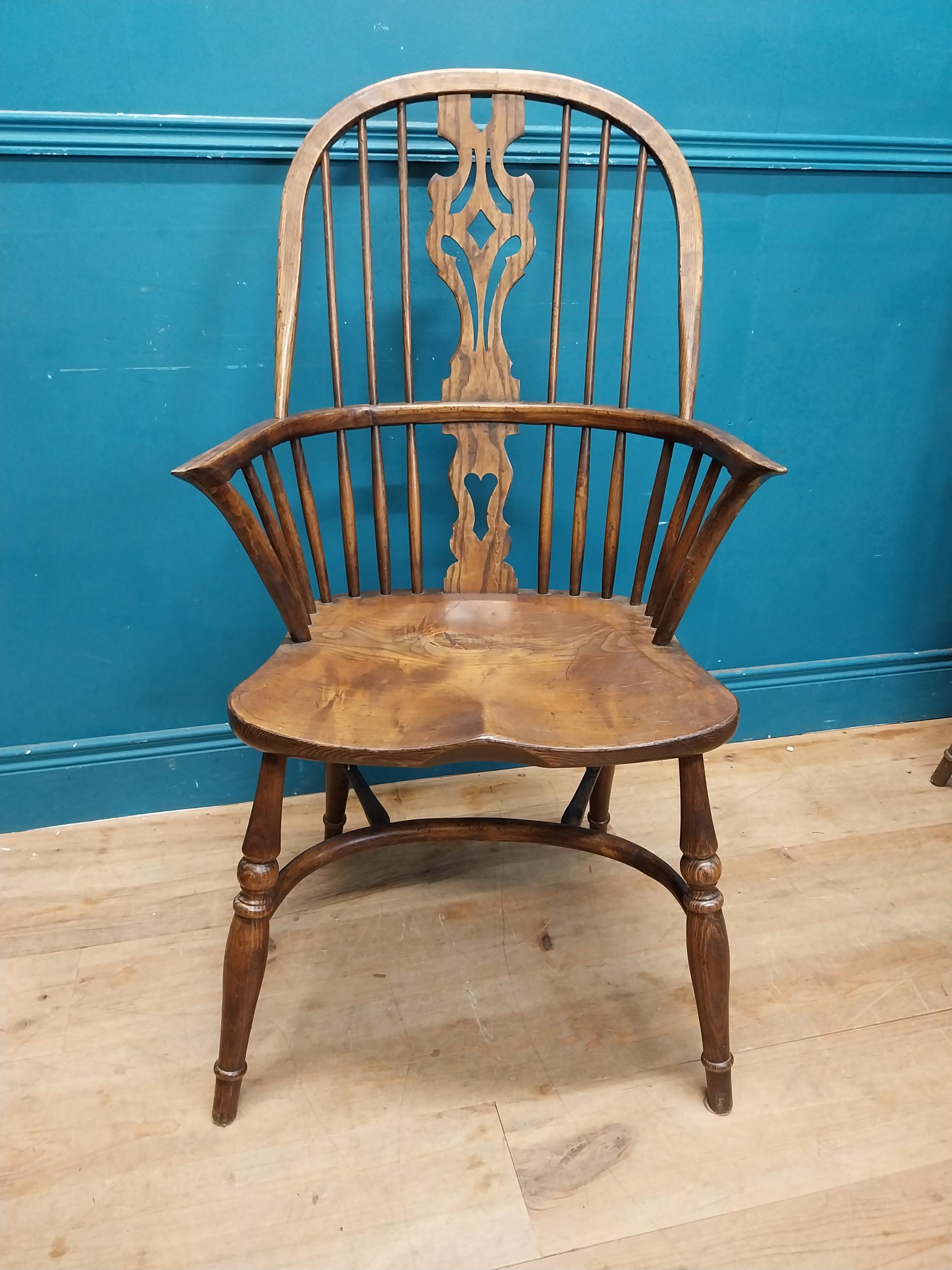 Set of six early 20th C. ash and elm Windsor armchairs raised on carved legs {106 cm H x 58 cm W x - Image 4 of 10