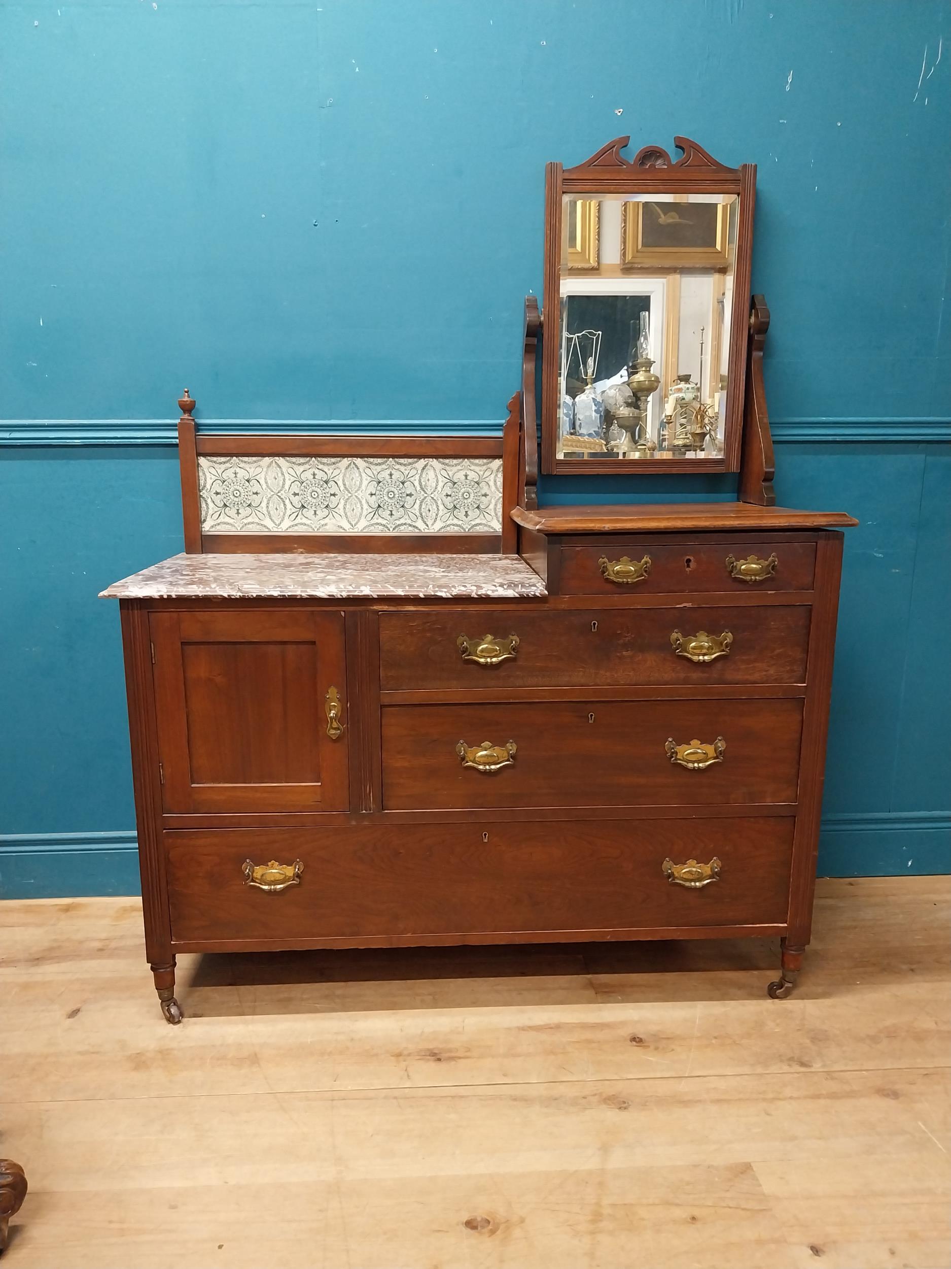 Edwardian mahogany dressing table with marble top and tiled gallery back {156 cm H x 120 cm W x 50