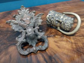 Two 19th C. brass and bronze door knockers. {20 cm H x 16 cm W} and {15 cm H x 9 cm W}.