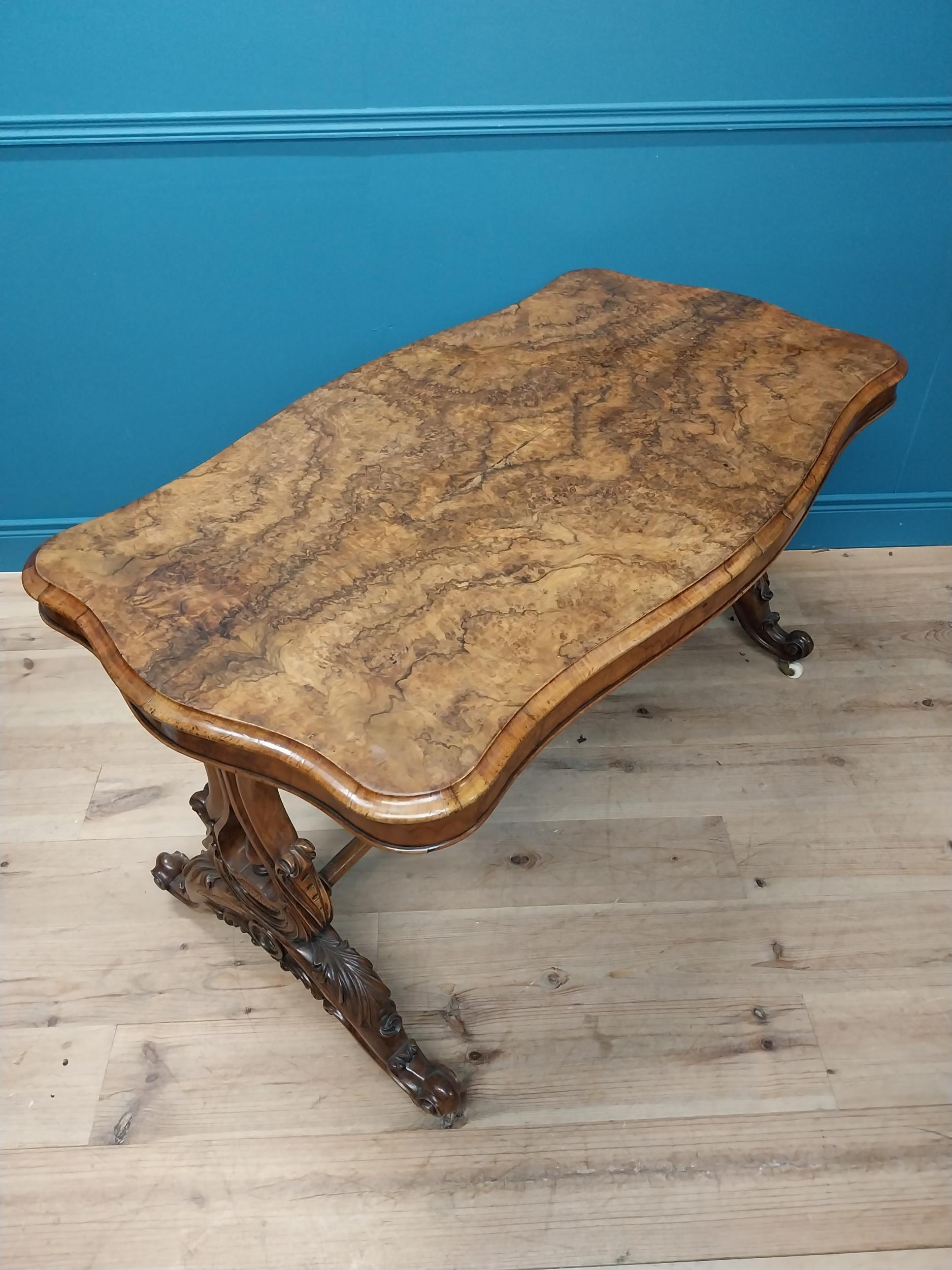 19th C. burr walnut sofa table raised on lyre supports and four outswept legs on turned stretcher { - Image 2 of 5