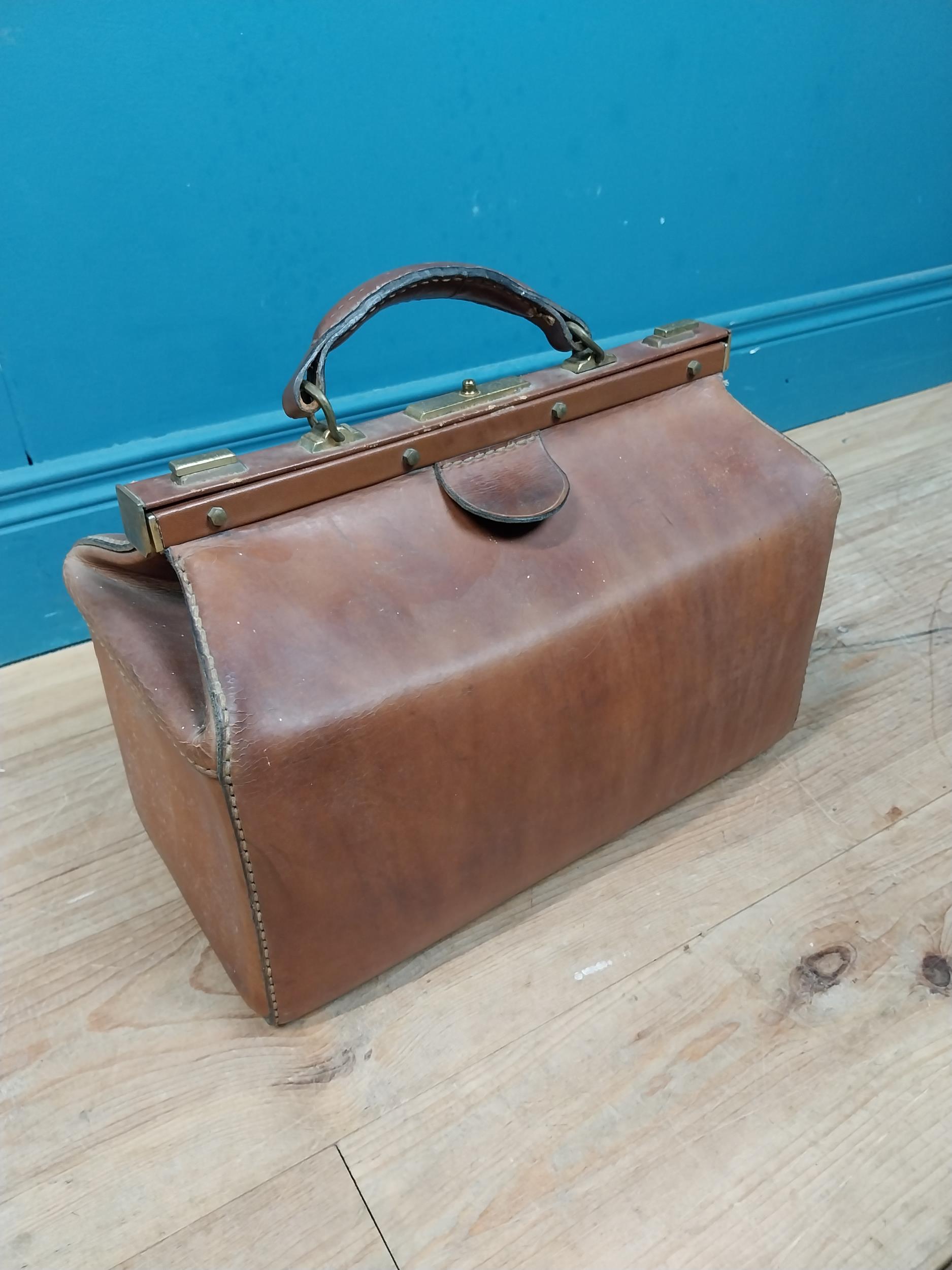 Early 20th C. leather Gladstone bag with metal mounts stamped Marque Deposee. {36 cm H x 41 cm W x - Image 7 of 7