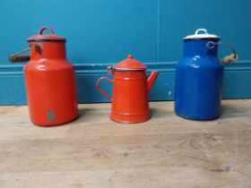 Two early 20th C. enamel cans and one teapot {24 cm H and 17 cm H}.