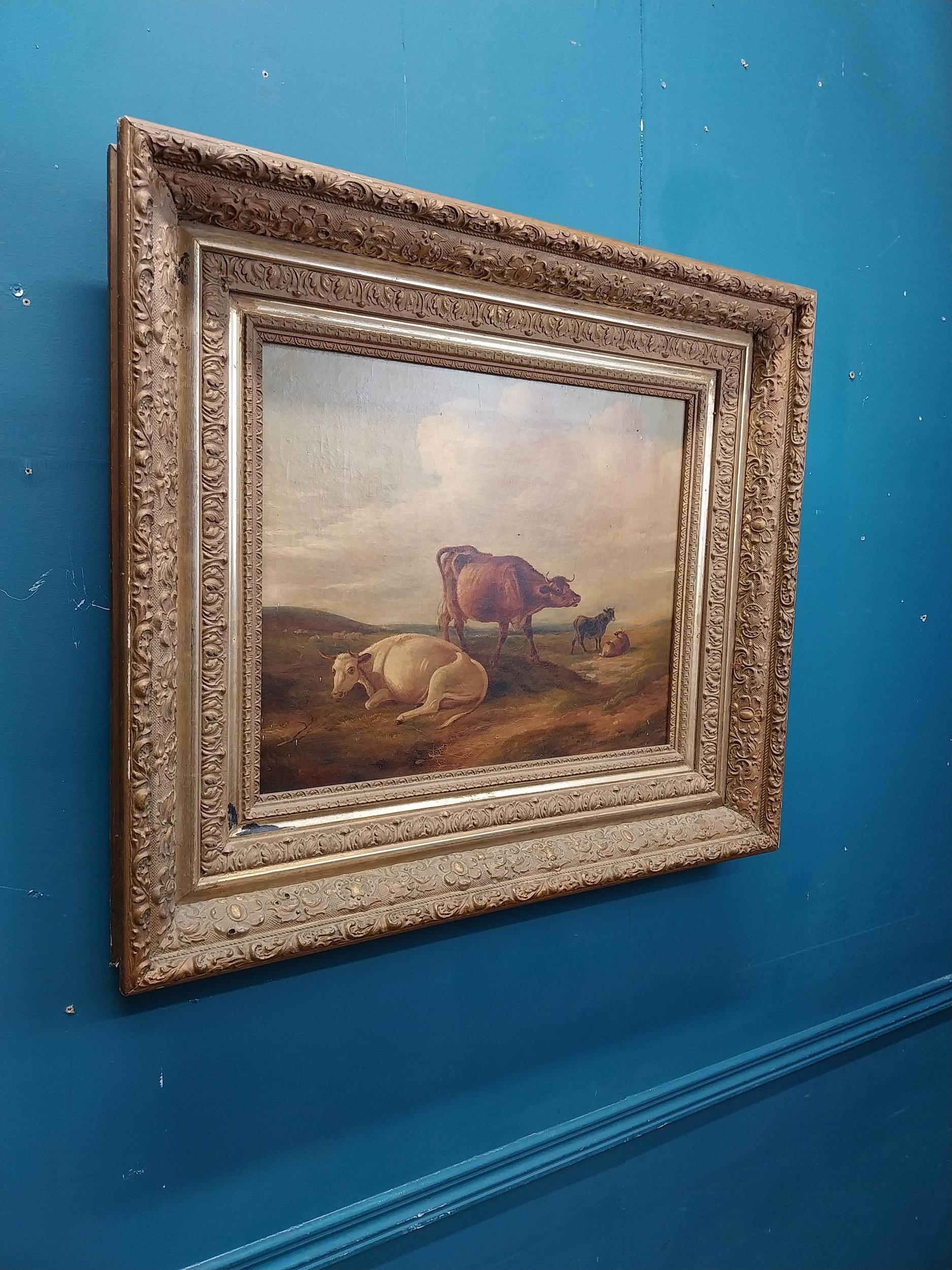 19th C. Cattle scene oil on canvas {67 cm H x 75 cm W}. - Image 2 of 5