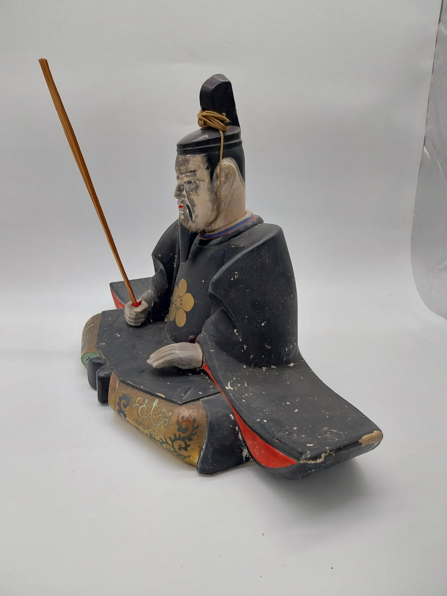 Carved painted pine and lacquered figure of Scholar. {37 cm H x 50 cm D x 20 cm D}. - Image 5 of 5