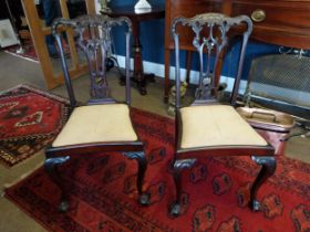 Pair of Edwardian mahogany side chairs with carved back and upholstered seats {90 cm H x 43 cm W x