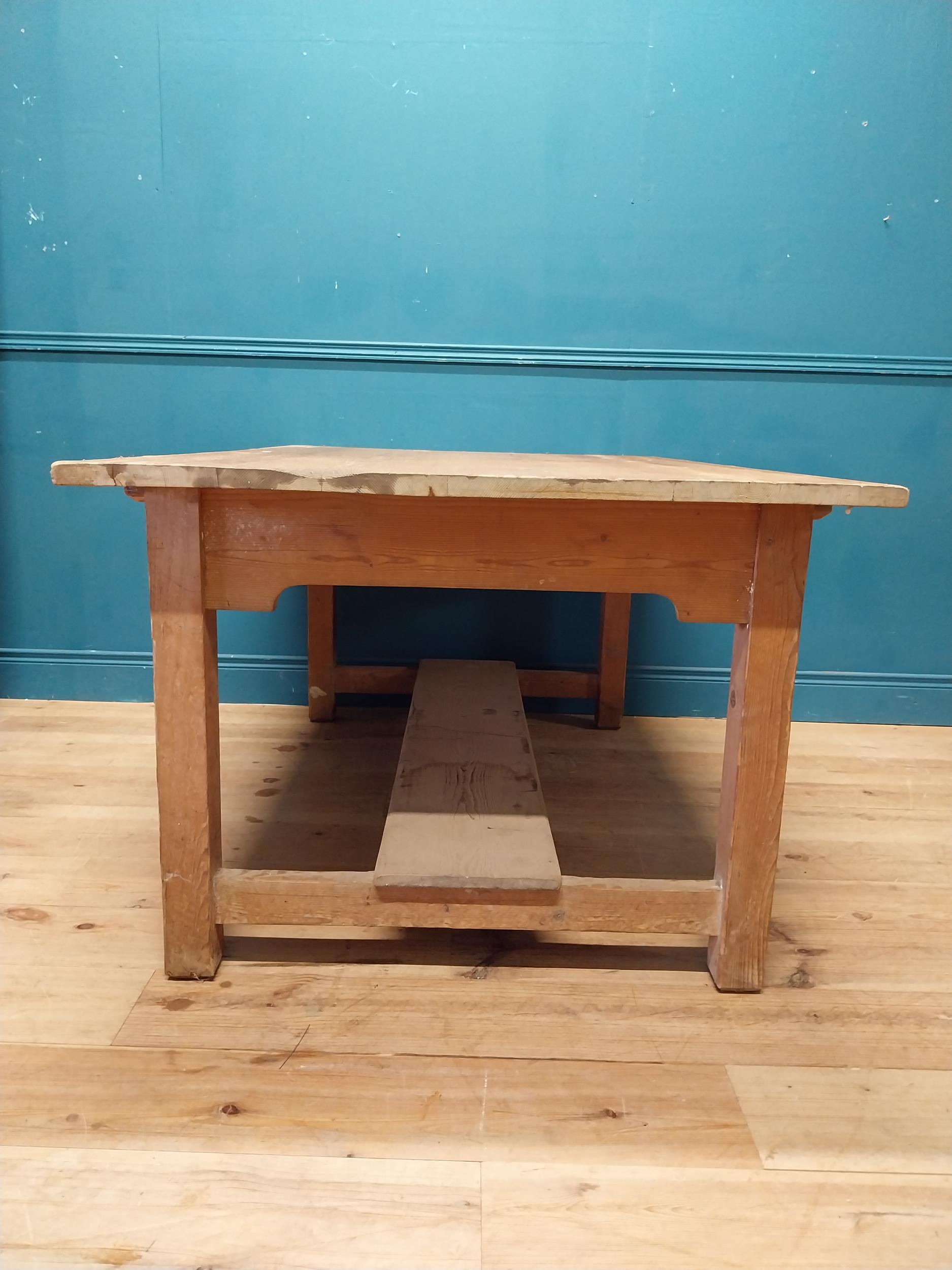 Early 20th C. pine kitchen table on square legs and single stretcher. {74 cm H x 153 cm W x 101 cm - Image 7 of 8
