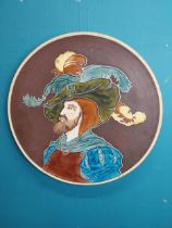 Early 20th C. ceramic wall plaque of Cavalier with Mettlach stamp on back. {43 cm Dia.}.