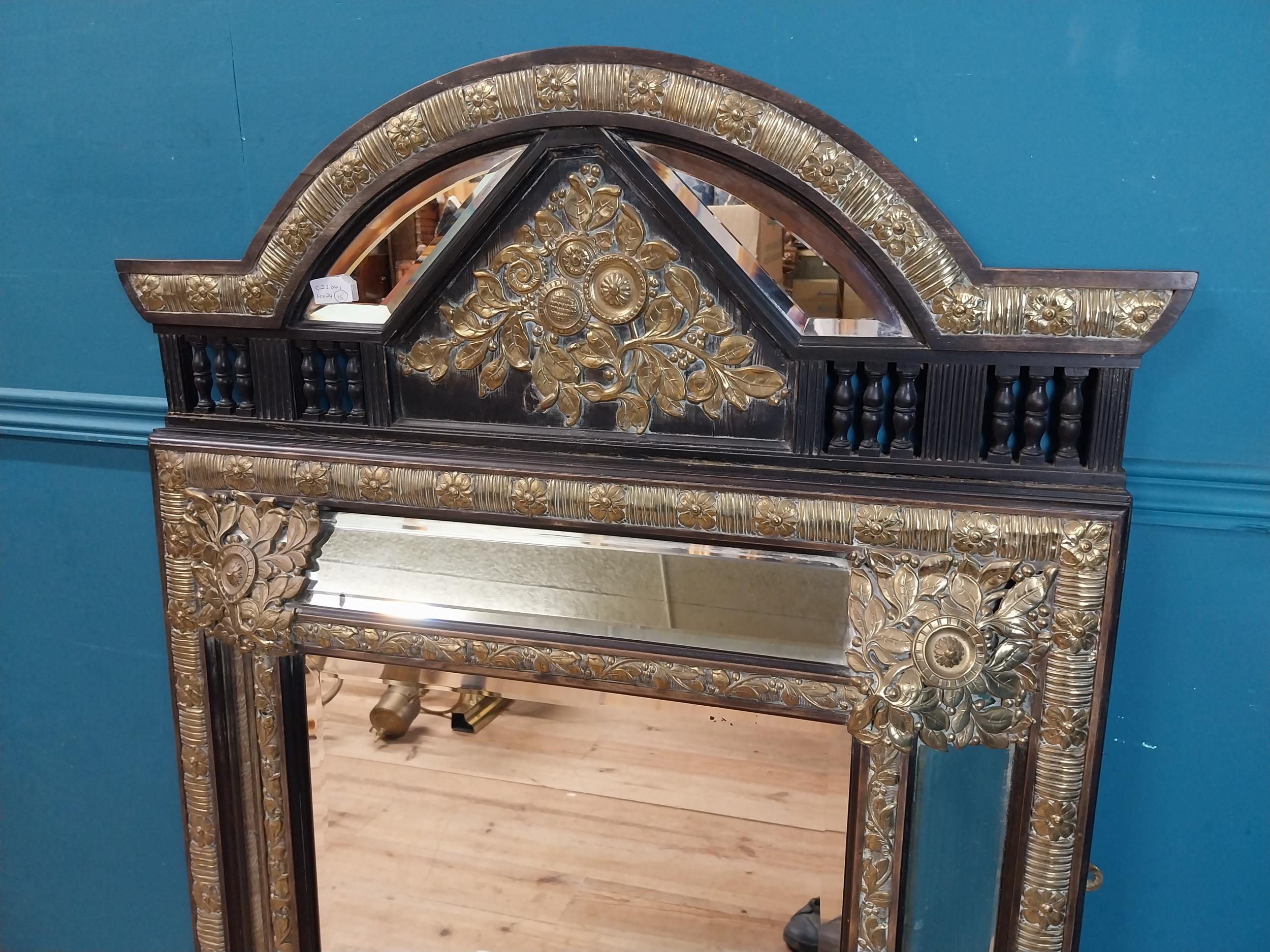 19th C. French brass and ebonised cushion mirror with floral decoration. {131 cm H x 86 cm W}. - Image 6 of 8