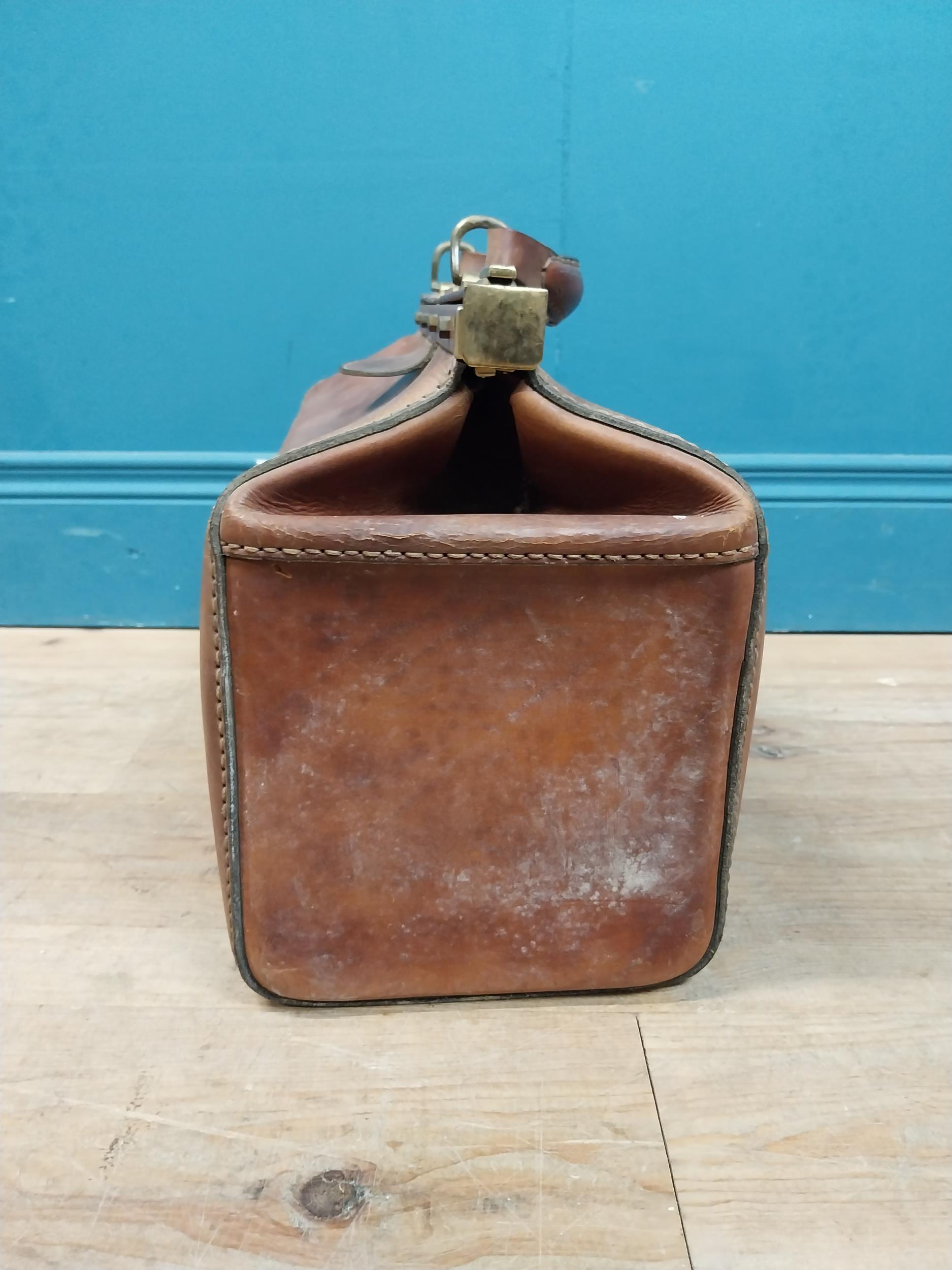 Early 20th C. leather Gladstone bag with metal mounts stamped Marque Deposee. {36 cm H x 41 cm W x - Image 4 of 7