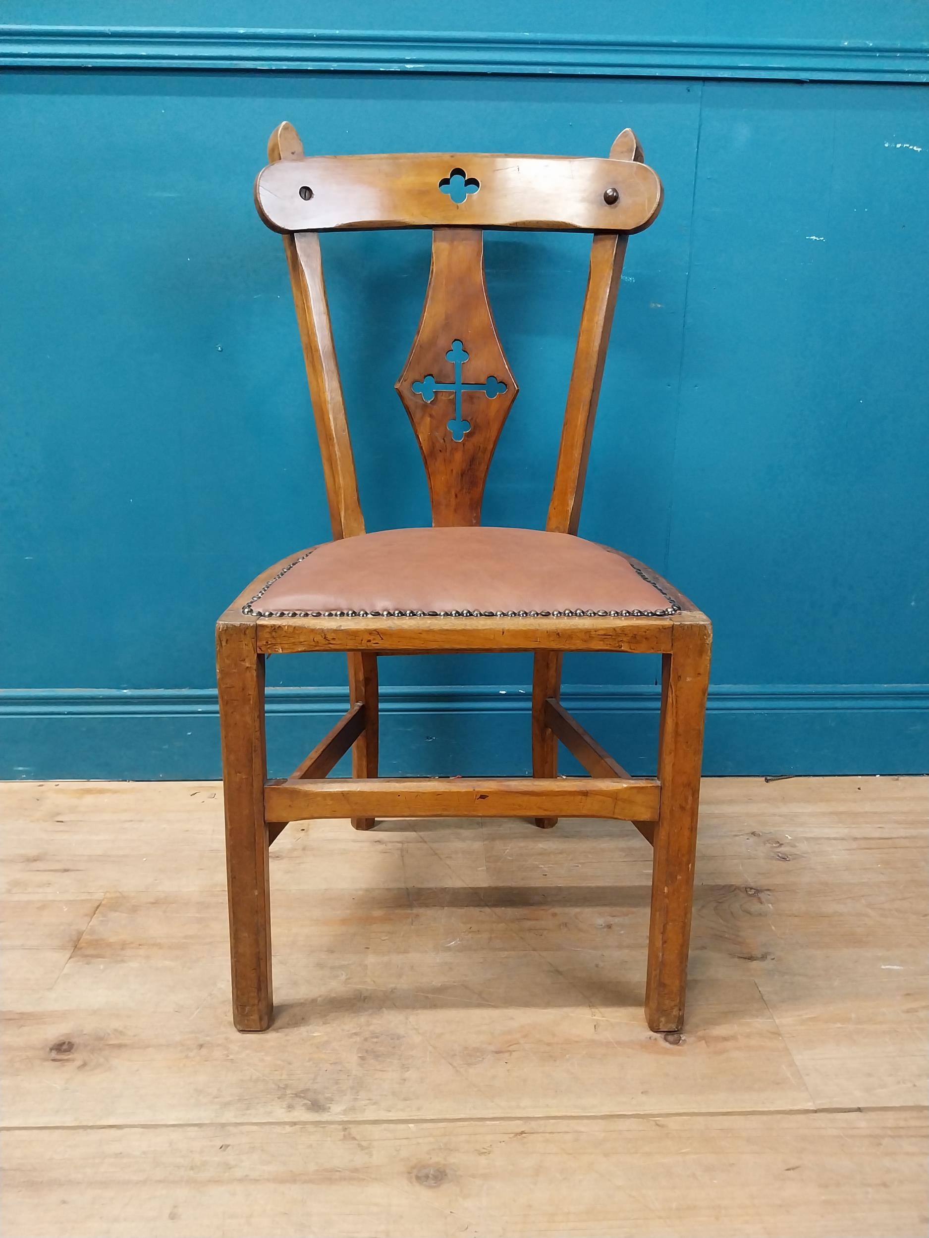 1930s oak side chair with leather upholstered seat {90 cm H x 44 cm W x 40 cm D}.