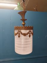 Edwardian brass and glass hall lantern with floral swag decoration. {46 cm H x 20 cm Dia.}.