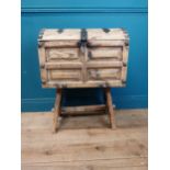 Pine metal bound chest of stand {80 cm H x 64 cm W x 35 cm D}.