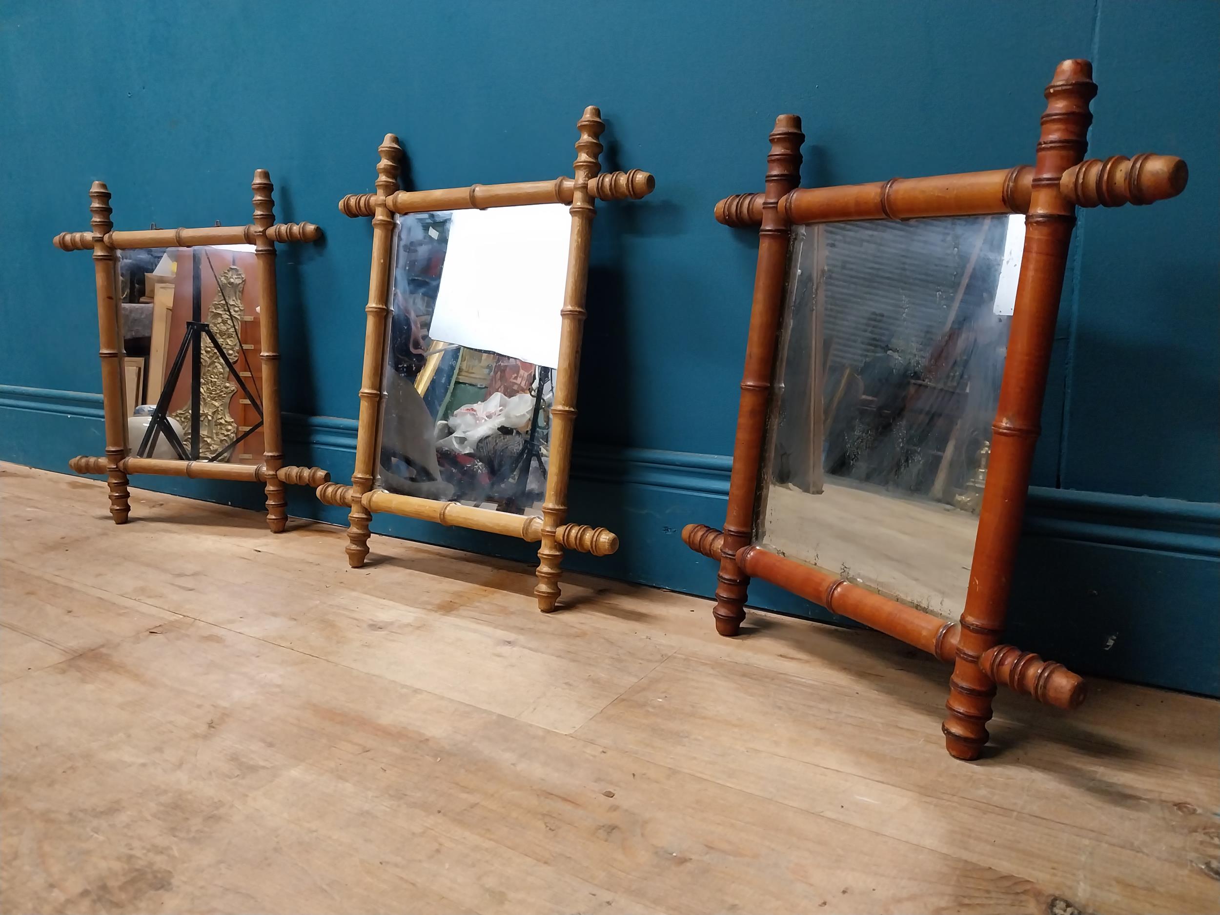 Three early 20th C. faux bamboo pine wall mirrors {52 cm H x 42 cm W and 47 cm H x 41 cm W}. - Image 2 of 5