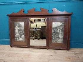 Edwardian mahogany overmantle mirror surmounted by black and white scenes of Lady and Swans and
