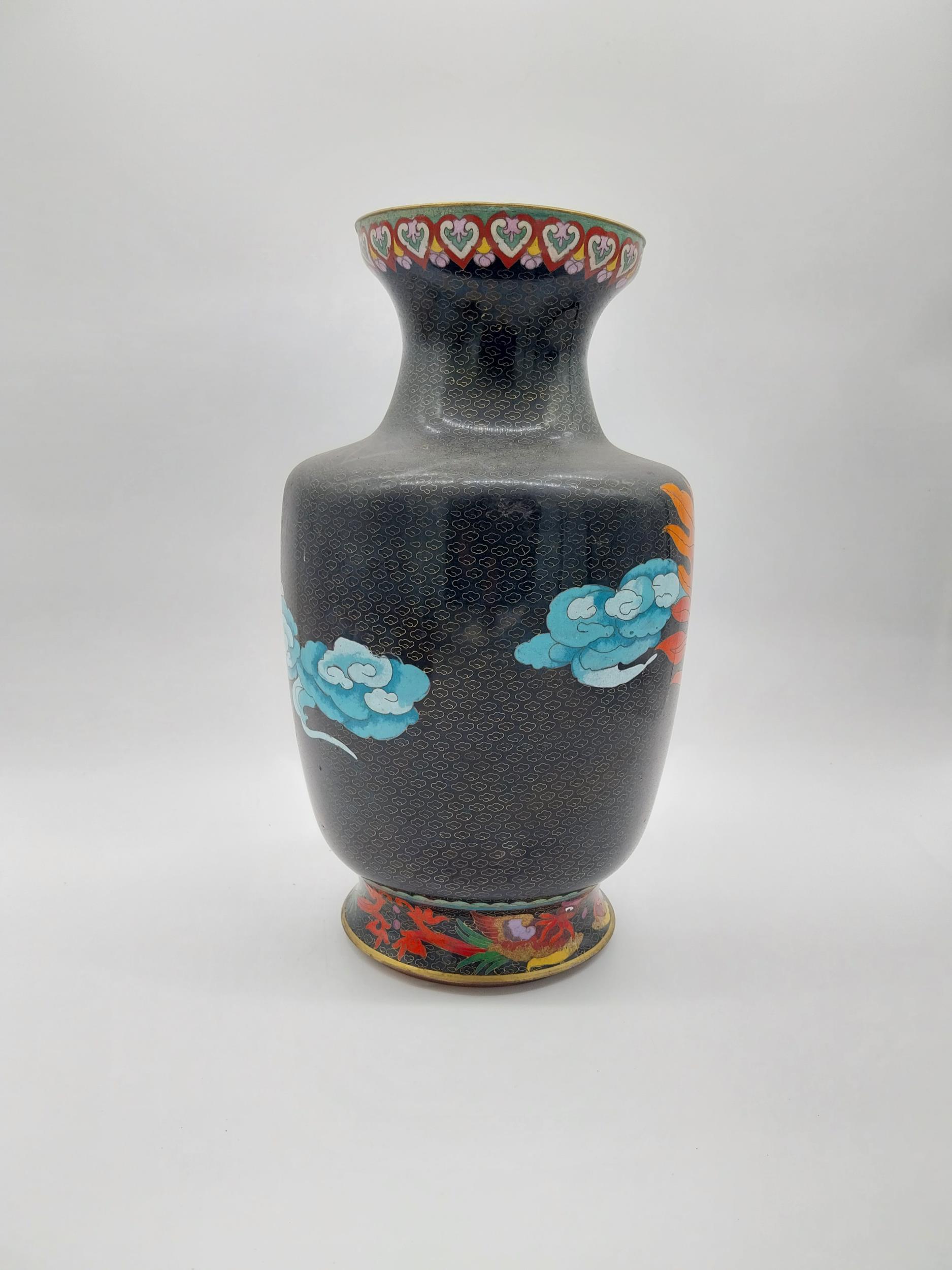 Decorative cloisonne vase decorated with cockerels. {39 cm H x 22 cm Dia.}. - Image 8 of 9