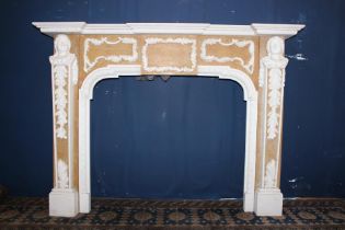 Statuary marble fireplace with jasper inlay and hand carved marble figures{H 115cm x W 160cm x D