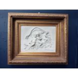 Marble plaque depicting cherubs and fish mounted in gilt frame {H 57cm x W 67cm x D 8cm }.