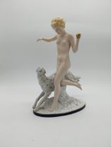 Early 20th C. Czech Republic figurine of Lady and Dog. {37 cm H x 27 cm W x 14 cm D}.