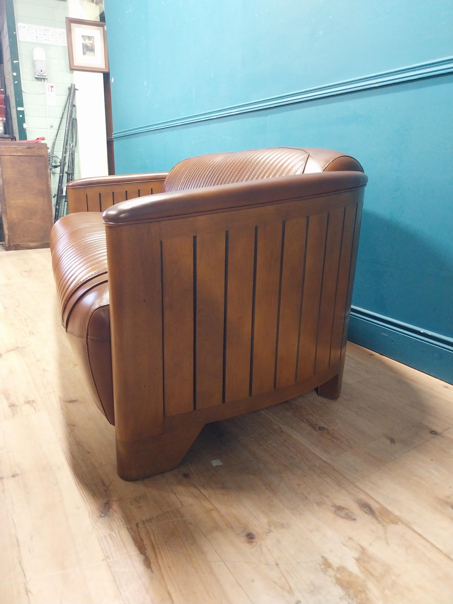 Exceptional quality hand dyed leather and cherrywood Aviator sofa. {} - Image 9 of 11