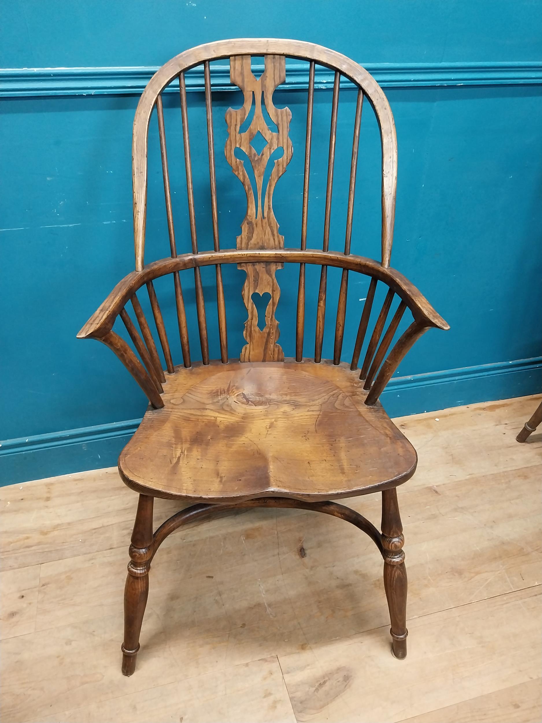 Set of six early 20th C. ash and elm Windsor armchairs raised on carved legs {106 cm H x 58 cm W x - Image 5 of 10