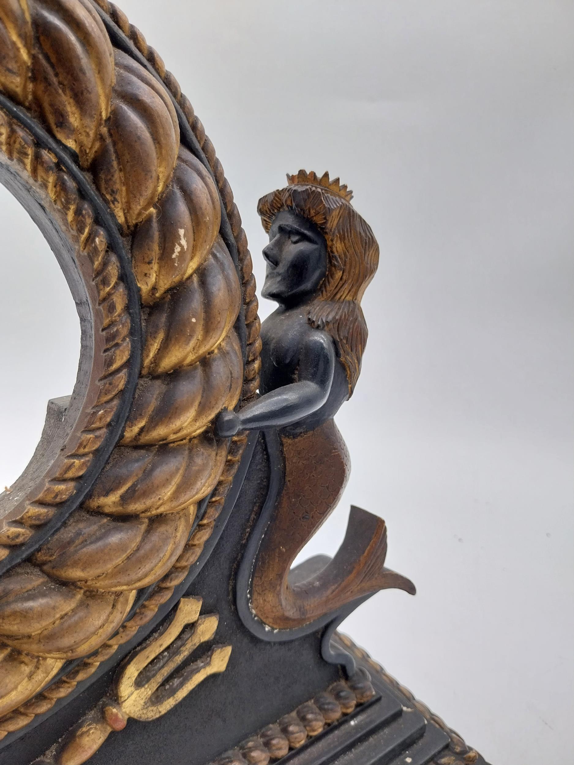 19th C. carved wooden barometer stand surmounted by Neptune and mermaids. {40 cm H x 40 cm W x 13 cm - Image 6 of 6