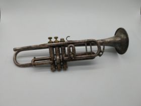 J V Bourdon and Son silver plate trumpet. {49 cm L x 12 cm Dia.}.