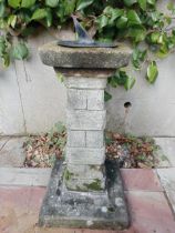 Sundial on composition stone pedestal {H 80cm x 35 x 35 }.