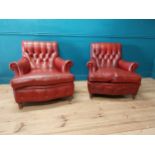 Pair of good quality early 20th C. deep buttoned leather arm chairs {86 cm H x 90 cm W x 95 cm D}.