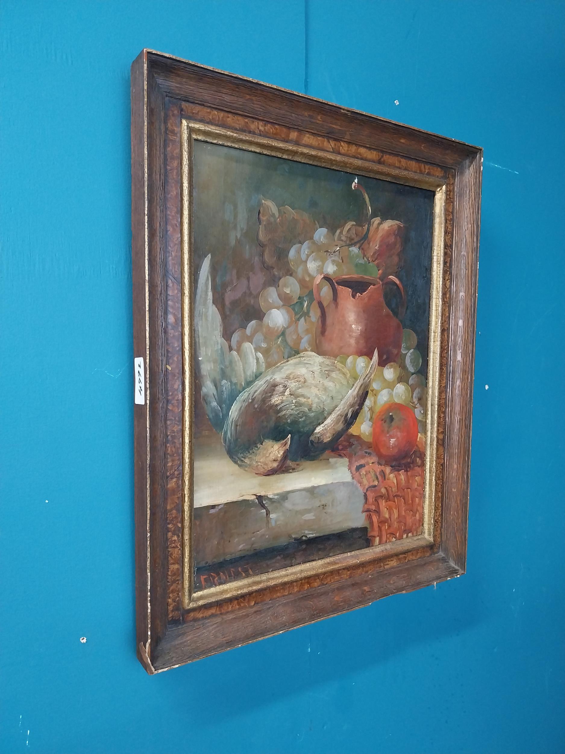 Early 20th C. oil on canvas - Still Life mounted in wooden frame {50 cm H x 40 cm W}. - Image 2 of 6