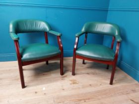 Pair of mahogany and leather open armchairs raised on square legs. {78 cm H x 61 cm W x 65 cm D}.