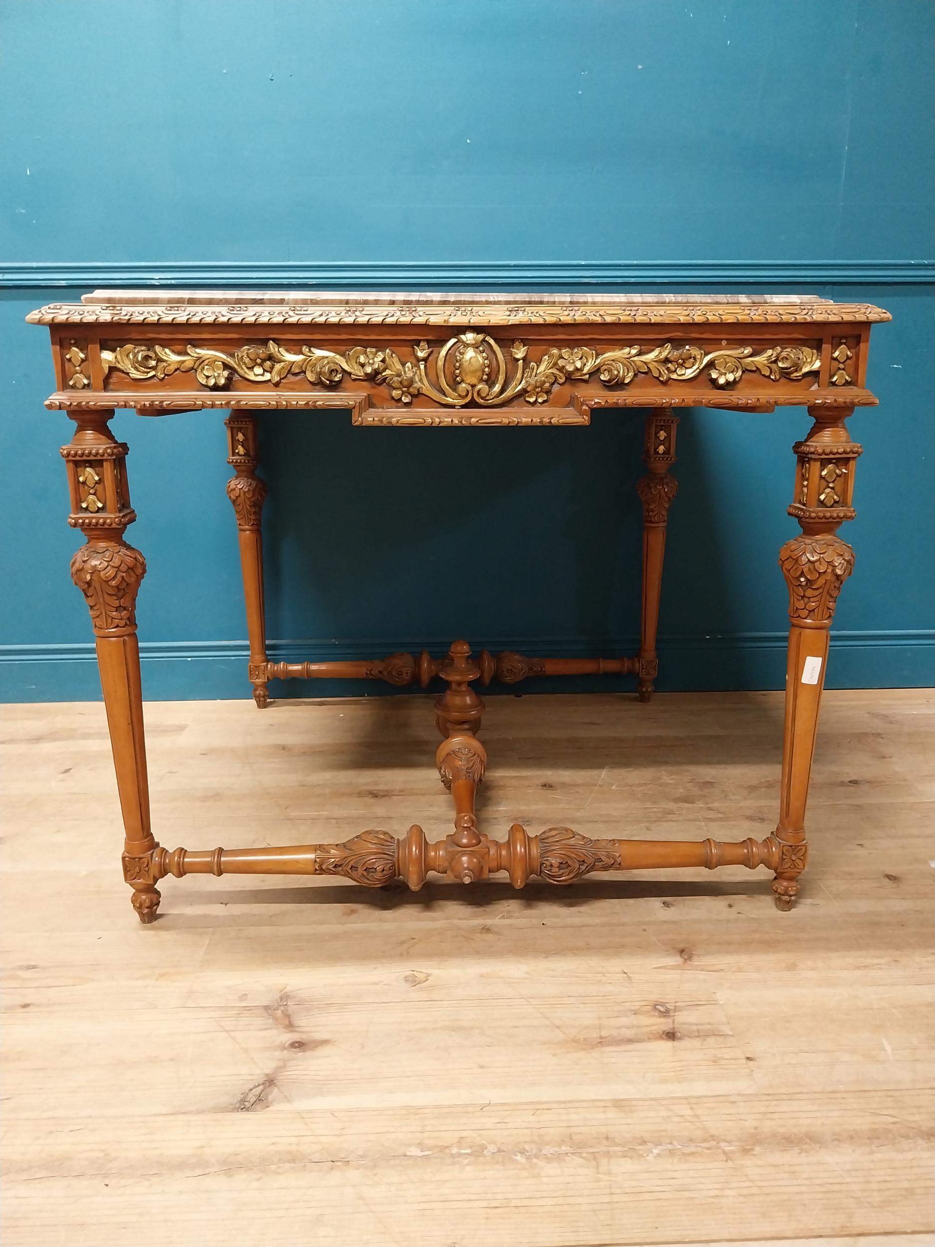 Walnut and partial gilt centre table with marble top raised on carved turned legs {87 cm H x 104 - Image 5 of 9