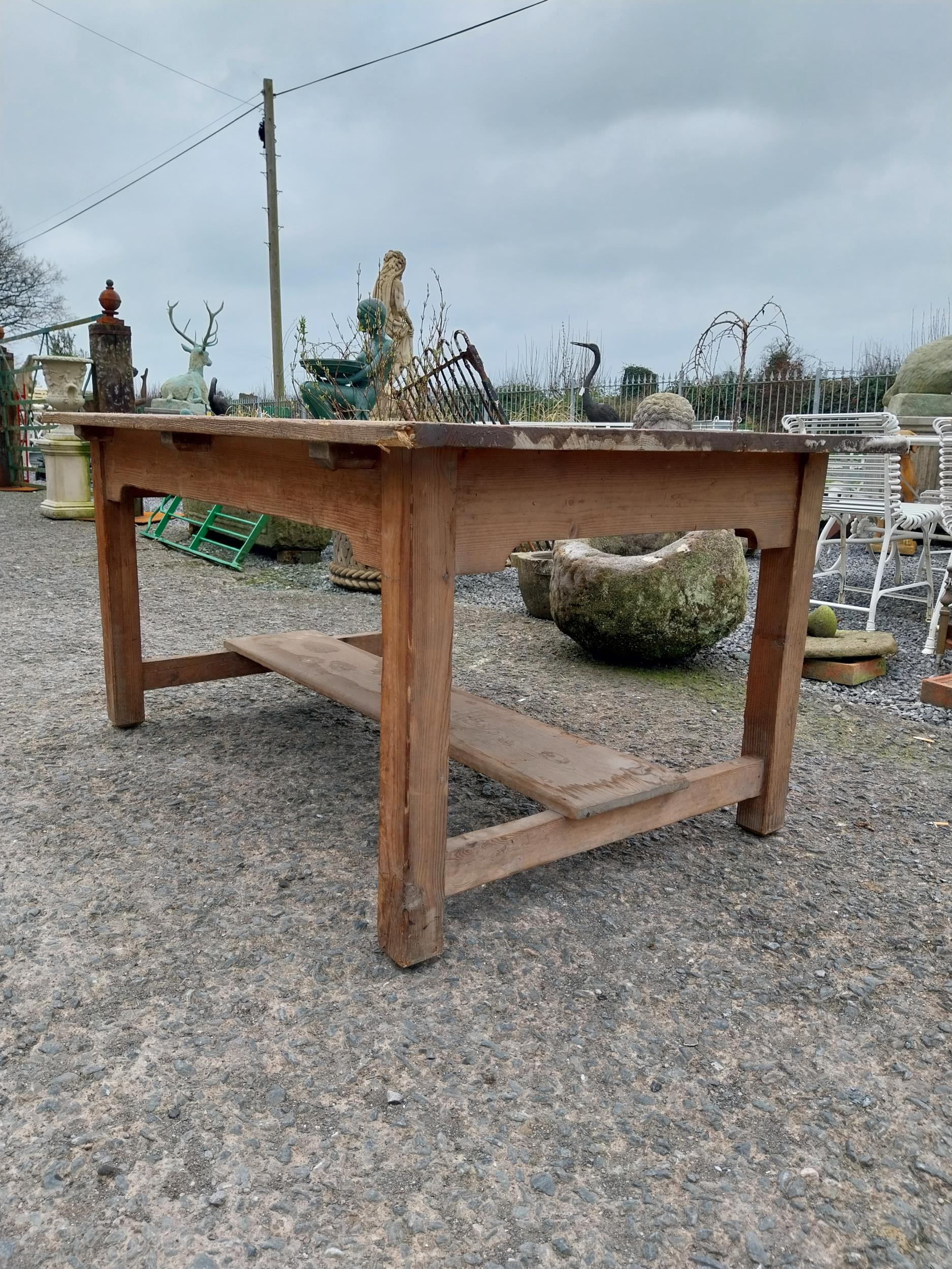 Early 20th C. pine kitchen table on square legs and single stretcher. {74 cm H x 153 cm W x 101 cm - Image 5 of 6
