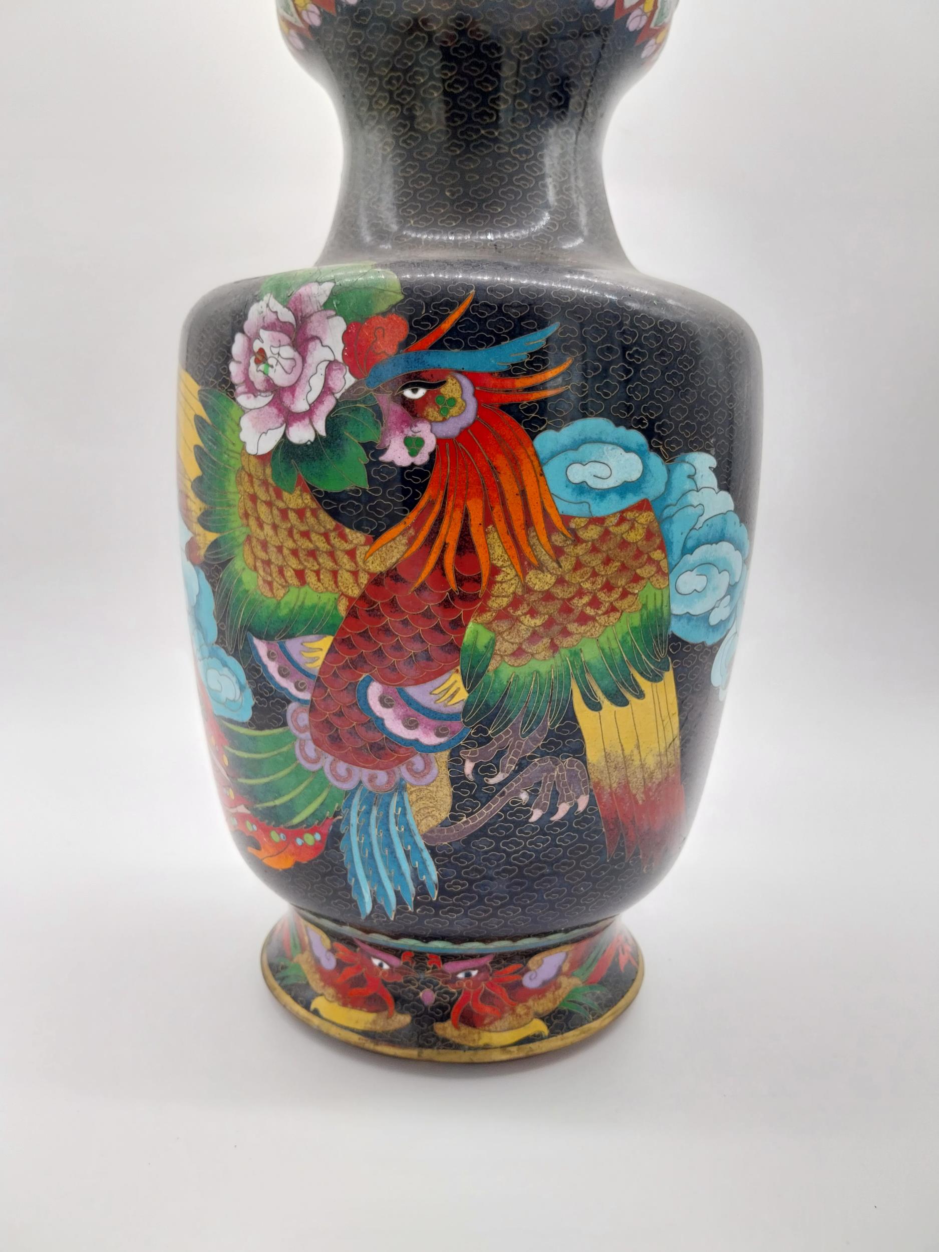 Decorative cloisonne vase decorated with cockerels. {39 cm H x 22 cm Dia.}. - Image 7 of 9